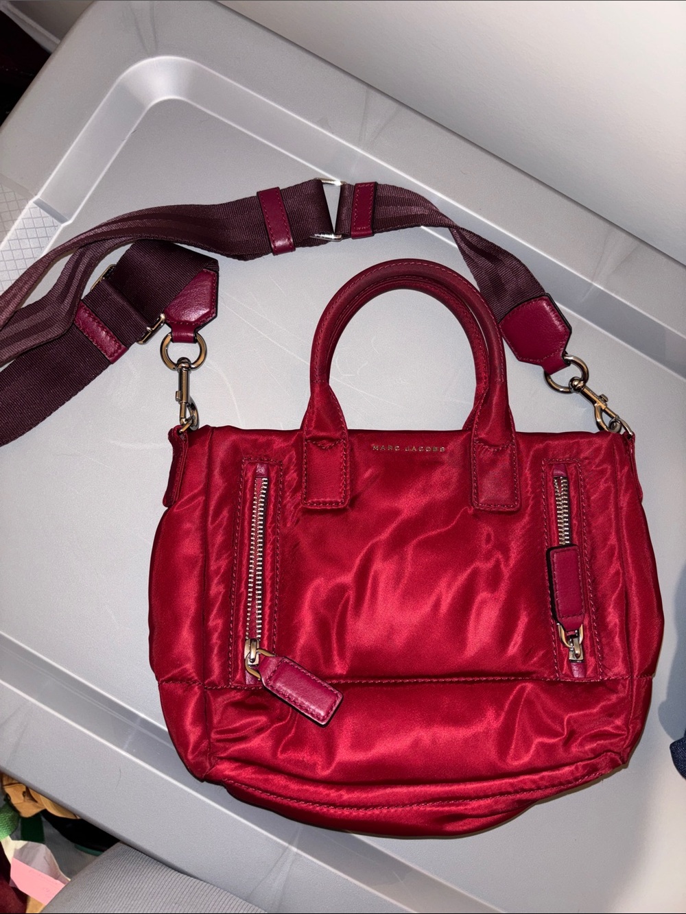 Marc Jacobs Satin Red Mini Crossbody Tote with Adjustable Strap